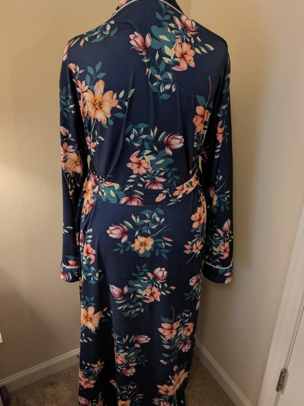 Floral Robe 2XL Navy Blue Lightweight Kimono Bathrobe Belted Lounge - Picture 4 of 4